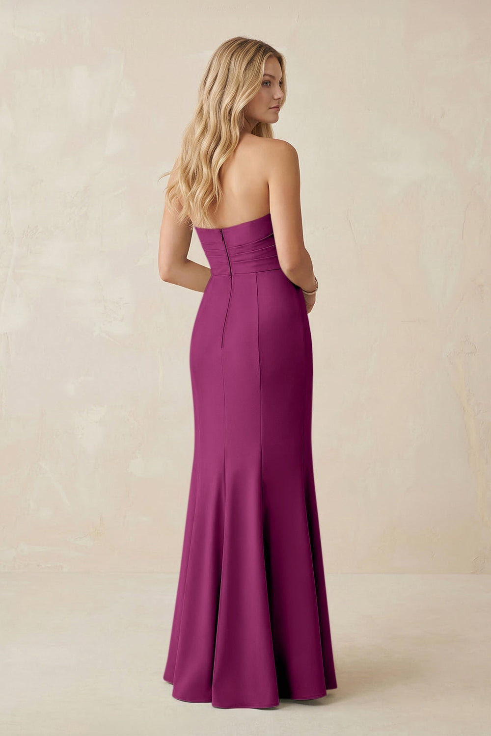 Strapless Ruched Sheath Satin Bridesmaid Dress With Slit in Fig - KissProm Bridesmaid Dresses
