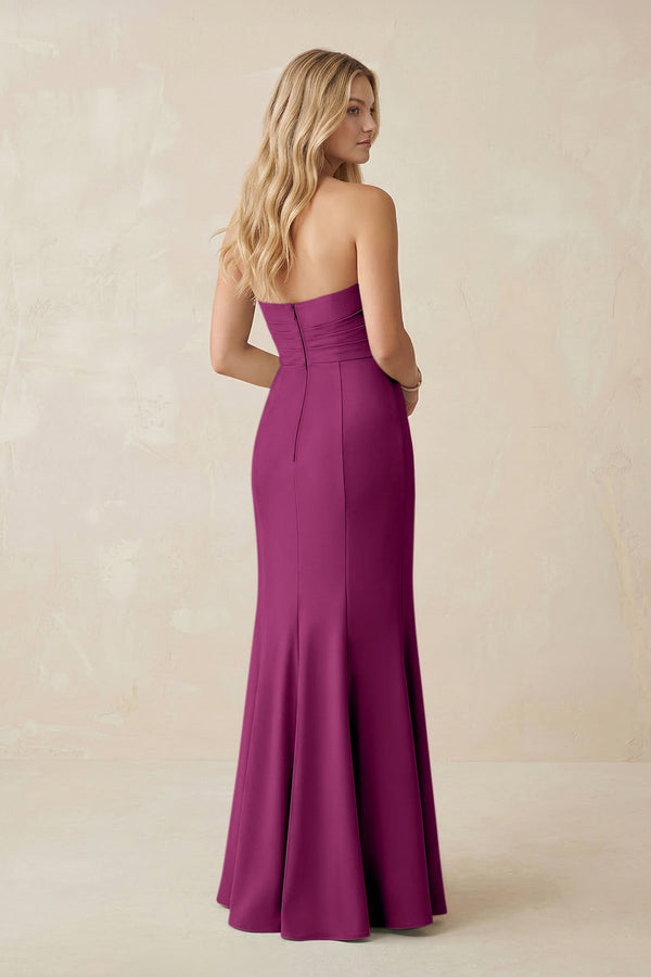 Strapless Ruched Sheath Satin Bridesmaid Dress With Slit in Fig - KissProm Bridesmaid Dresses