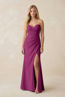Strapless Ruched Sheath Satin Bridesmaid Dress With Slit in Fig - KissProm Bridesmaid Dresses