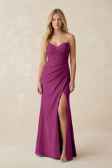 Strapless Ruched Sheath Satin Bridesmaid Dress With Slit in Fig - KissProm Bridesmaid Dresses