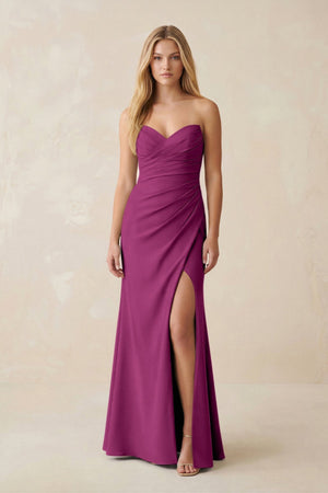 Strapless Ruched Sheath Satin Bridesmaid Dress With Slit in Fig - KissProm Bridesmaid Dresses