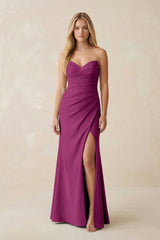 Strapless Ruched Sheath Satin Bridesmaid Dress With Slit in Fig - KissProm Bridesmaid Dresses