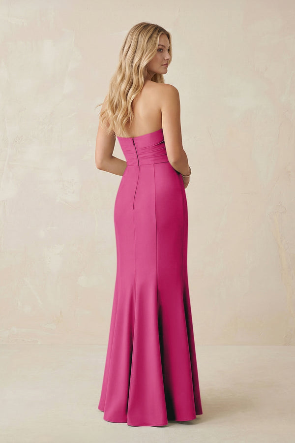 Strapless Ruched Sheath Satin Bridesmaid Dress With Slit in Fuchsia - KissProm Bridesmaid Dresses