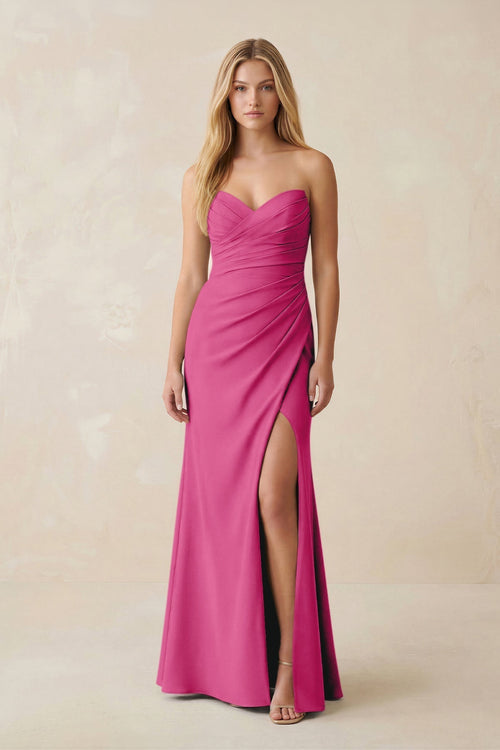Strapless Ruched Sheath Satin Bridesmaid Dress With Slit in Fuchsia - KissProm Bridesmaid Dresses