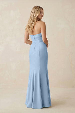 Strapless Ruched Sheath Satin Bridesmaid Dress With Slit in Ice - KissProm Bridesmaid Dresses