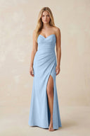 Strapless Ruched Sheath Satin Bridesmaid Dress With Slit in Ice - KissProm Bridesmaid Dresses