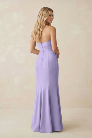 Strapless Ruched Sheath Satin Bridesmaid Dress With Slit in Lavender - KissProm Bridesmaid Dresses