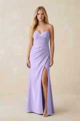 Strapless Ruched Sheath Satin Bridesmaid Dress With Slit in Lavender - KissProm Bridesmaid Dresses