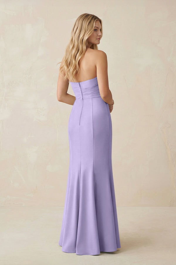 Strapless Ruched Sheath Satin Bridesmaid Dress With Slit in Lavender - KissProm Bridesmaid Dresses