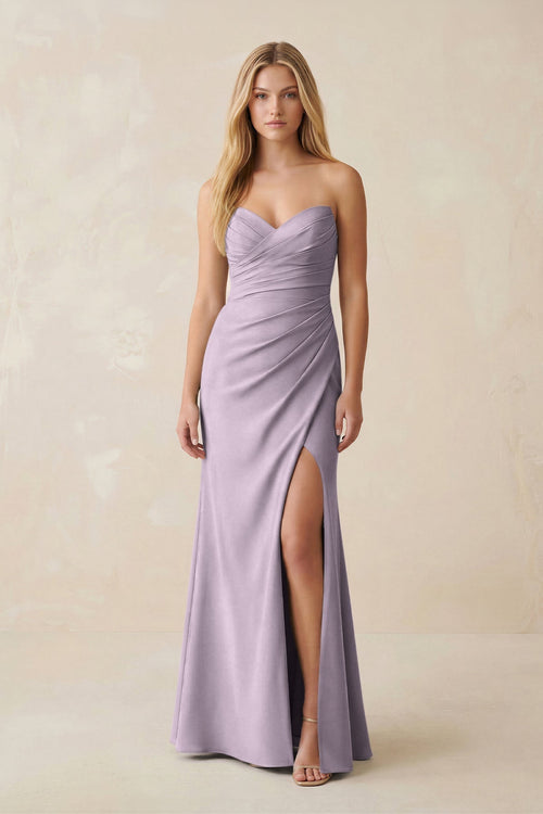 Strapless Ruched Sheath Satin Bridesmaid Dress With Slit in Lavender Grey - KissProm Bridesmaid Dresses