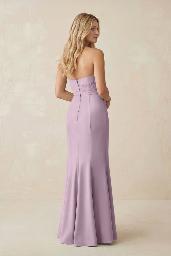 Strapless Ruched Sheath Satin Bridesmaid Dress With Slit in Lilac - KissProm Bridesmaid Dresses