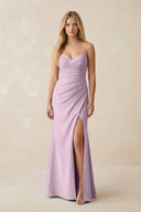 Strapless Ruched Sheath Satin Bridesmaid Dress With Slit in Lilac - KissProm Bridesmaid Dresses