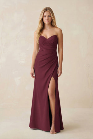 Strapless Ruched Sheath Satin Bridesmaid Dress With Slit in Magenta - KissProm Bridesmaid Dresses