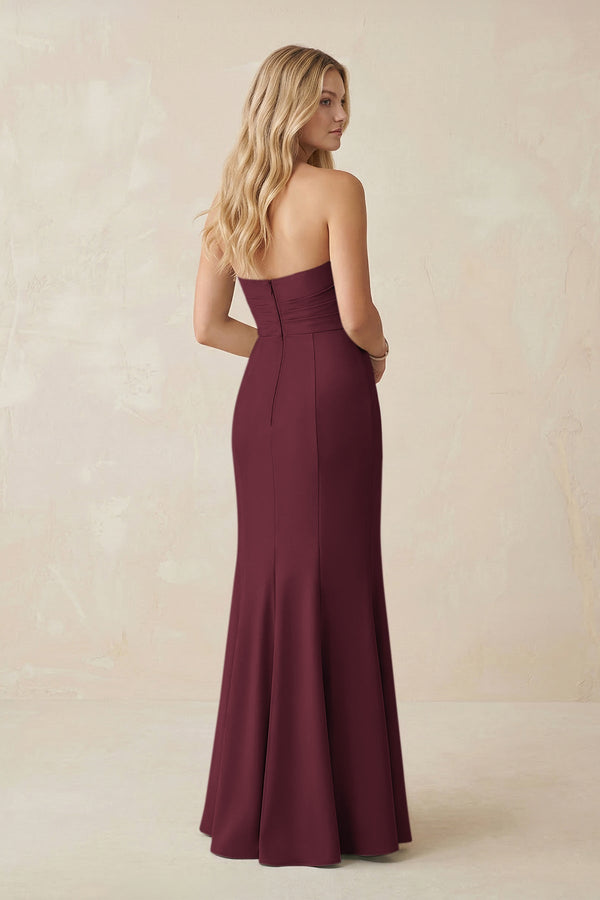 Strapless Ruched Sheath Satin Bridesmaid Dress With Slit in Magenta - KissProm Bridesmaid Dresses