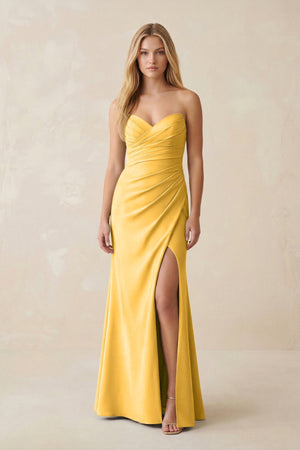 Strapless Ruched Sheath Satin Bridesmaid Dress With Slit in Marigold - KissProm Bridesmaid Dresses