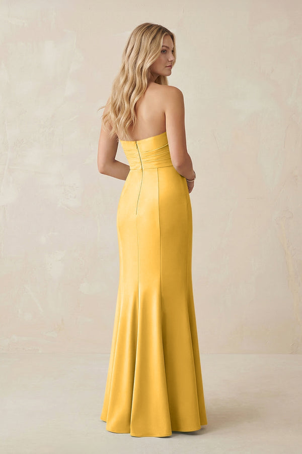 Strapless Ruched Sheath Satin Bridesmaid Dress With Slit in Marigold - KissProm Bridesmaid Dresses