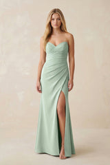 Strapless Ruched Sheath Satin Bridesmaid Dress With Slit in Matcha - KissProm Bridesmaid Dresses