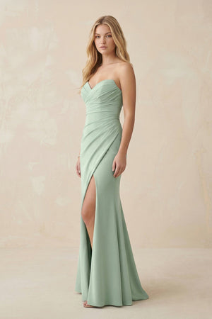 Strapless Ruched Sheath Satin Bridesmaid Dress With Slit in Matcha - KissProm Bridesmaid Dresses