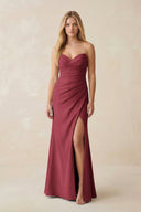 Strapless Ruched Sheath Satin Bridesmaid Dress With Slit in Merlot - KissProm Bridesmaid Dresses