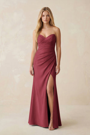 Strapless Ruched Sheath Satin Bridesmaid Dress With Slit in Merlot - KissProm Bridesmaid Dresses