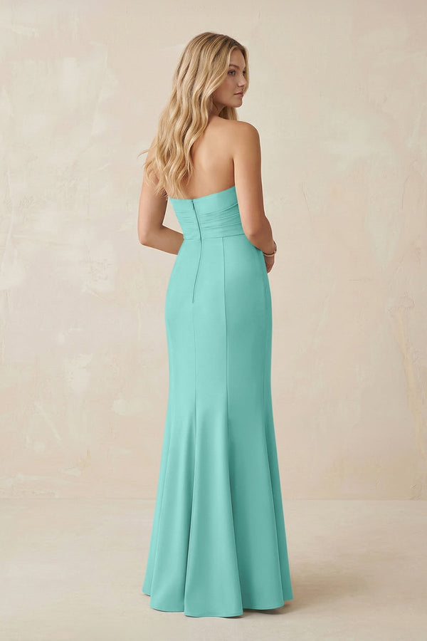 Strapless Ruched Sheath Satin Bridesmaid Dress With Slit in Mint Green - KissProm Bridesmaid Dresses