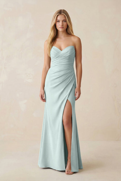 Strapless Ruched Sheath Satin Bridesmaid Dress With Slit in Mist - KissProm Bridesmaid Dresses