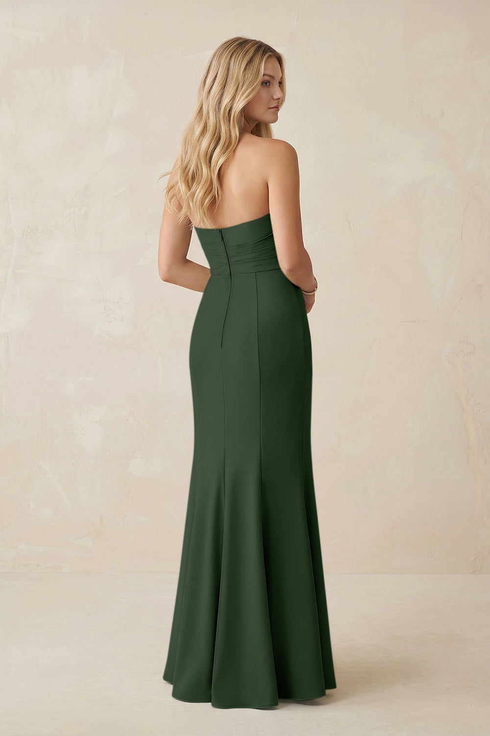 Strapless Ruched Sheath Satin Bridesmaid Dress With Slit in Moss - KissProm Bridesmaid Dresses