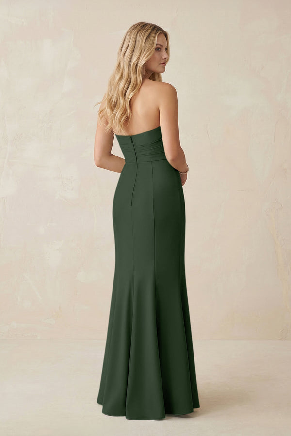 Strapless Ruched Sheath Satin Bridesmaid Dress With Slit in Moss - KissProm Bridesmaid Dresses