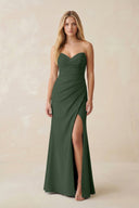 Strapless Ruched Sheath Satin Bridesmaid Dress With Slit in Moss - KissProm Bridesmaid Dresses