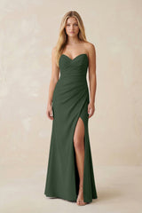 Strapless Ruched Sheath Satin Bridesmaid Dress With Slit in Moss - KissProm Bridesmaid Dresses