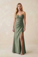 Strapless Ruched Sheath Satin Bridesmaid Dress With Slit in Moss Green - KissProm Bridesmaid Dresses