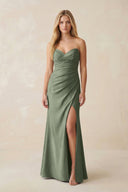 Strapless Ruched Sheath Satin Bridesmaid Dress With Slit in Moss Green - KissProm Bridesmaid Dresses