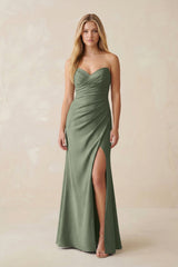 Strapless Ruched Sheath Satin Bridesmaid Dress With Slit in Moss Green - KissProm Bridesmaid Dresses