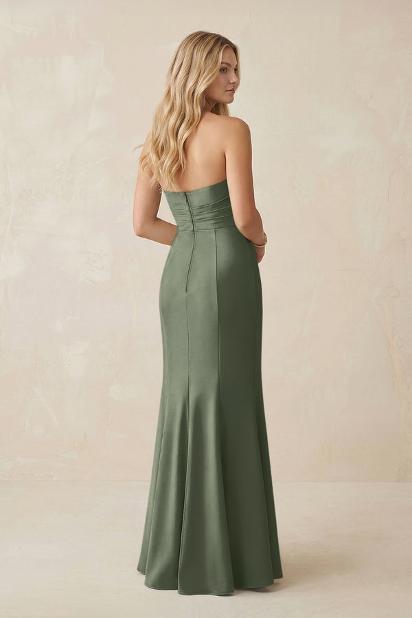 Strapless Ruched Sheath Satin Bridesmaid Dress With Slit in Moss Green - KissProm Bridesmaid Dresses