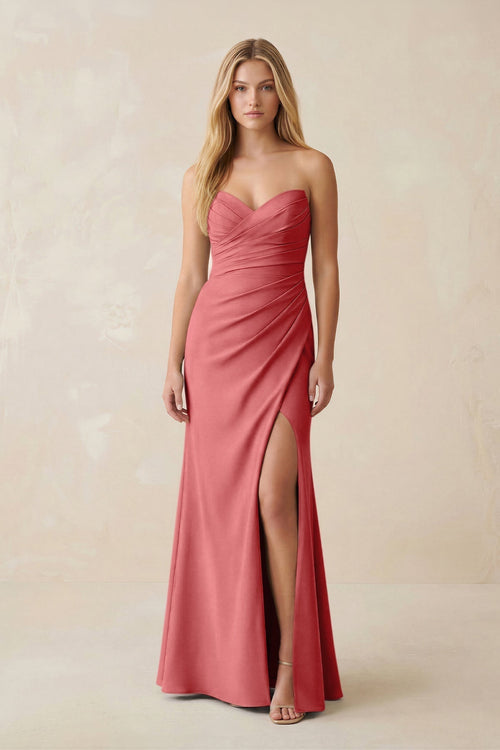 Strapless Ruched Sheath Satin Bridesmaid Dress With Slit in Mulberry - KissProm Bridesmaid Dresses