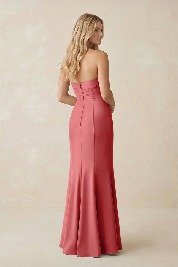 Strapless Ruched Sheath Satin Bridesmaid Dress With Slit in Mulberry - KissProm Bridesmaid Dresses