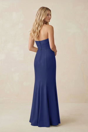 Strapless Ruched Sheath Satin Bridesmaid Dress With Slit in Navy - KissProm Bridesmaid Dresses