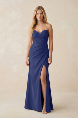 Strapless Ruched Sheath Satin Bridesmaid Dress With Slit in Navy - KissProm Bridesmaid Dresses