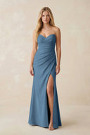 Strapless Ruched Sheath Satin Bridesmaid Dress With Slit in Neptune - KissProm Bridesmaid Dresses