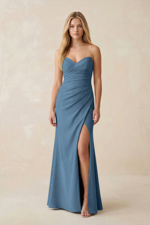 Strapless Ruched Sheath Satin Bridesmaid Dress With Slit in Neptune - KissProm Bridesmaid Dresses