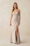 Strapless Ruched Sheath Satin Bridesmaid Dress With Slit in Neutral Champagne - KissProm Bridesmaid Dresses
