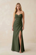 Strapless Ruched Sheath Satin Bridesmaid Dress With Slit in Olive - KissProm Bridesmaid Dresses