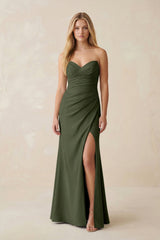 Strapless Ruched Sheath Satin Bridesmaid Dress With Slit in Olive - KissProm Bridesmaid Dresses