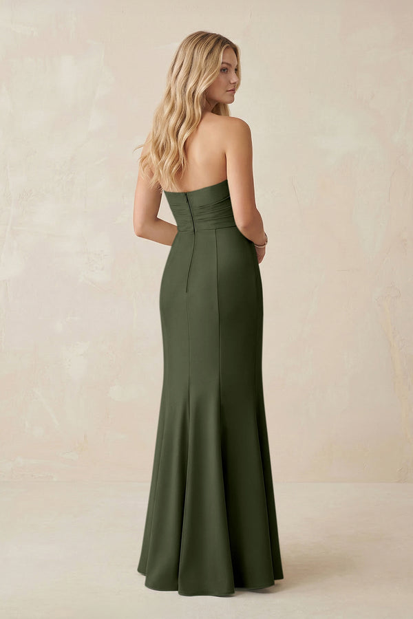 Strapless Ruched Sheath Satin Bridesmaid Dress With Slit in Olive - KissProm Bridesmaid Dresses