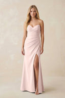 Strapless Ruched Sheath Satin Bridesmaid Dress With Slit in Pale Blush - KissProm Bridesmaid Dresses