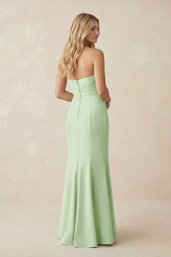 Strapless Ruched Sheath Satin Bridesmaid Dress With Slit in Pale Pistachio - KissProm Bridesmaid Dresses