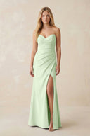 Strapless Ruched Sheath Satin Bridesmaid Dress With Slit in Pale Pistachio - KissProm Bridesmaid Dresses