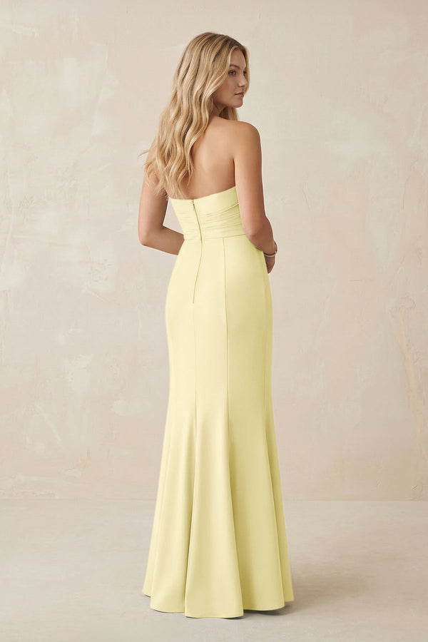 Strapless Ruched Sheath Satin Bridesmaid Dress With Slit in Pastel Yellow - KissProm Bridesmaid Dresses