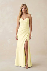 Strapless Ruched Sheath Satin Bridesmaid Dress With Slit in Pastel Yellow - KissProm Bridesmaid Dresses