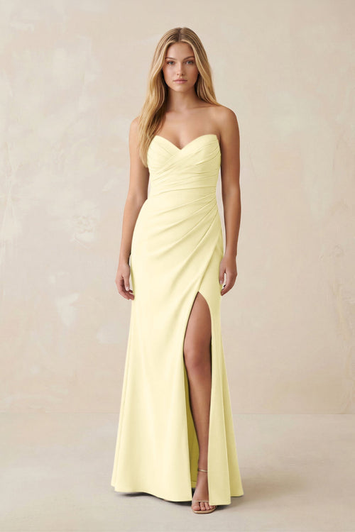 Strapless Ruched Sheath Satin Bridesmaid Dress With Slit in Pastel Yellow - KissProm Bridesmaid Dresses